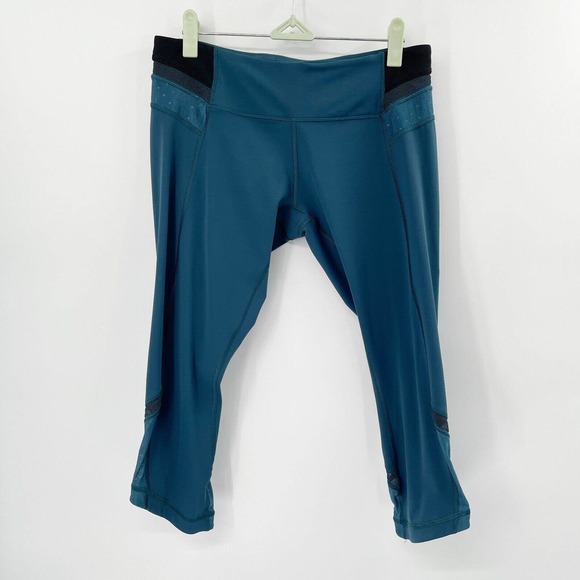 Lululemon Just Breathe Cropped Leggings Teal Size 8 Mesh Trim Yoga Athletic Dots - Picture 1 of 10